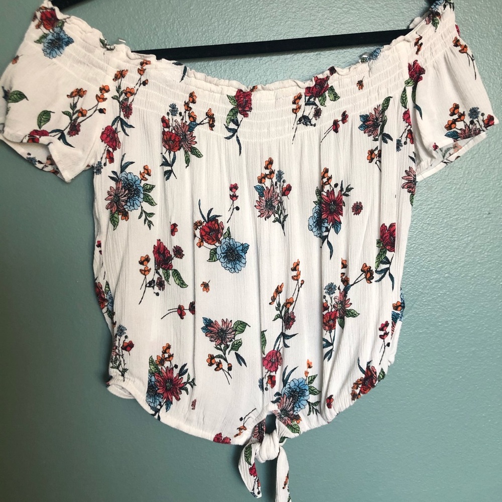 White floral off the shoulder crop top